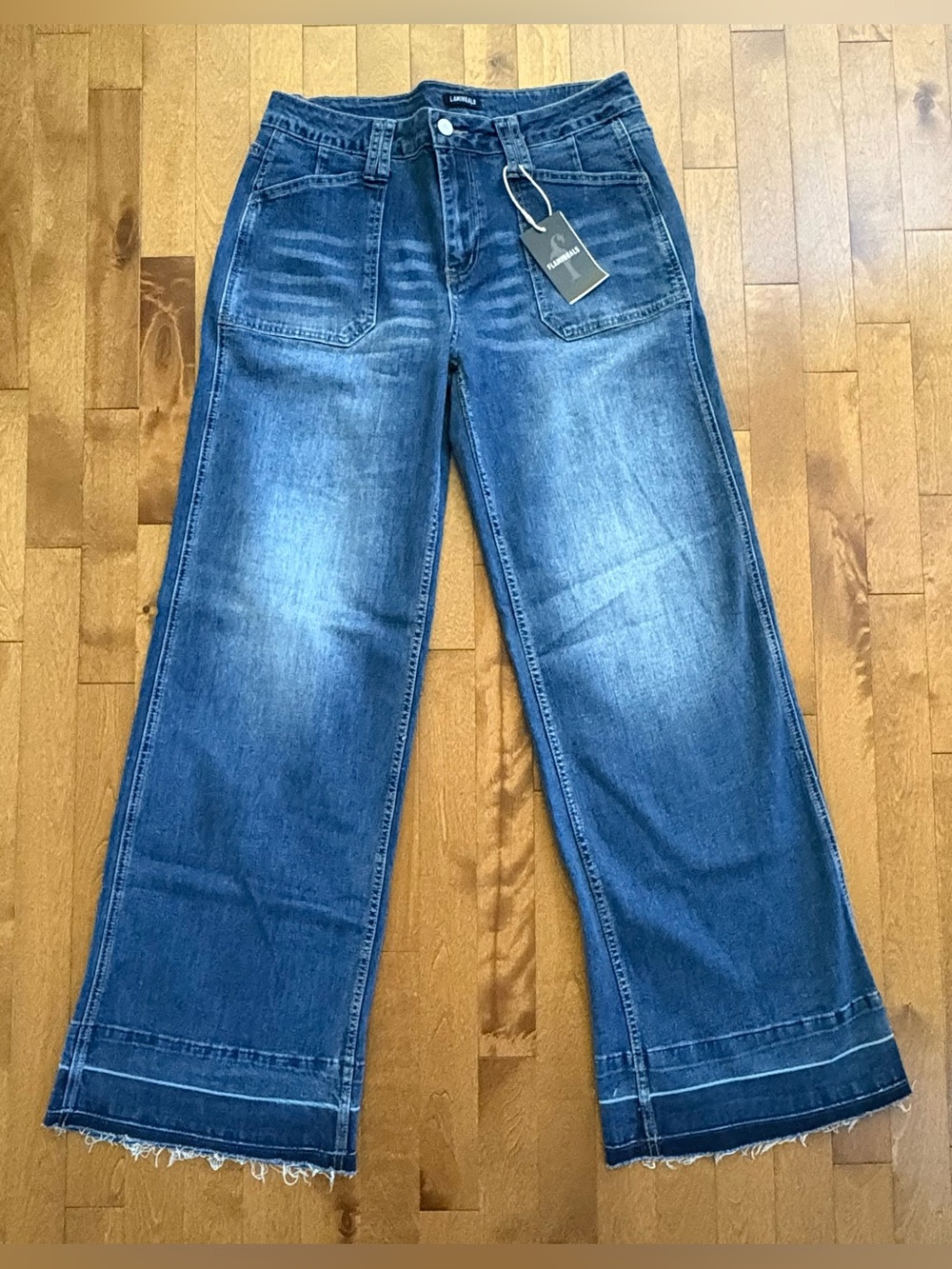 FLAMINGALS High Rise Patch Pocket Wide Leg Flare Jeans - NWT Size L